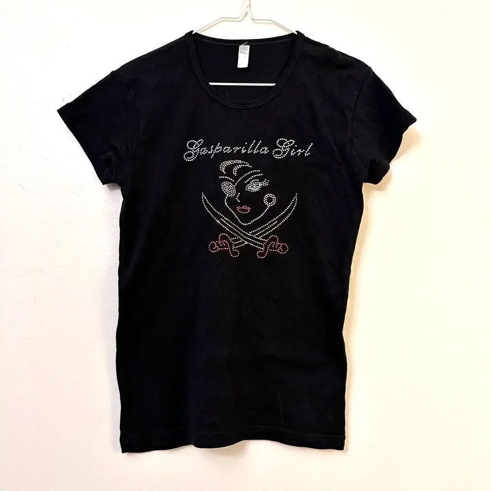 Gasparilla Girl Womens Top Short Sleeve Rhinestone V-neck Tees Black Large